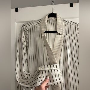FRAME Silk White Navy Striped Blouse, Notched Collar, XS